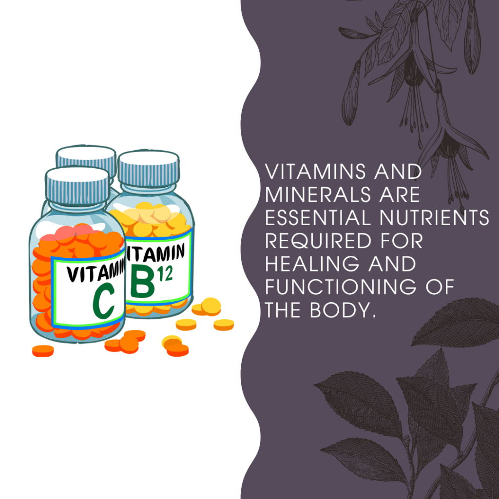 Vitamins and minerals are essential nutrients required for the healing and functioning of the body.